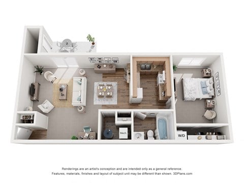 Floor plan for 1 bed, 1 bath, 680 sqft